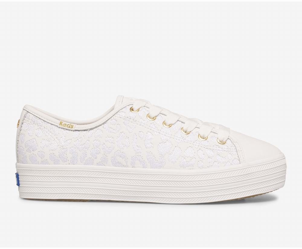 Women's Keds x kate spade new york Triple Kick Embroidered Leopard Leather Wedding Shoes White 14583